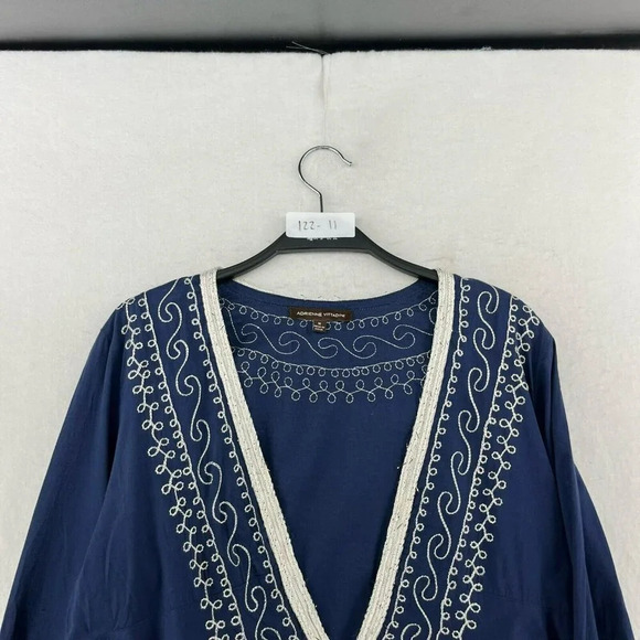 Adrienne Vittadini Dress Tunic M Blue Embroidered V Neck Flare Hem Unlined Boho - Picture 13 of 13